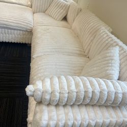 White Sectional Sofa - Soft Fur Like Corduroy Fabric