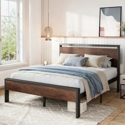 Full Size Bed Frame, Heavy Duty Metal Platform Bed with Wooden Headboard & Footboard, Mahogony