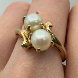 14k solid yellow gold 2 pearls ring size 5.5