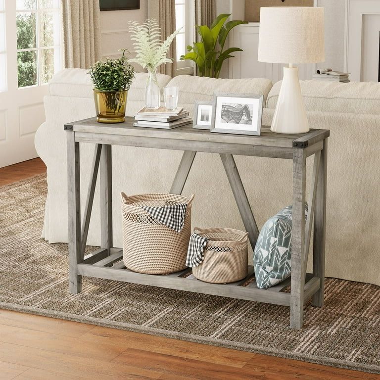 Entryway Table Wood Console Table with Shelves Farmhouse Sofa Table,Grey Wash