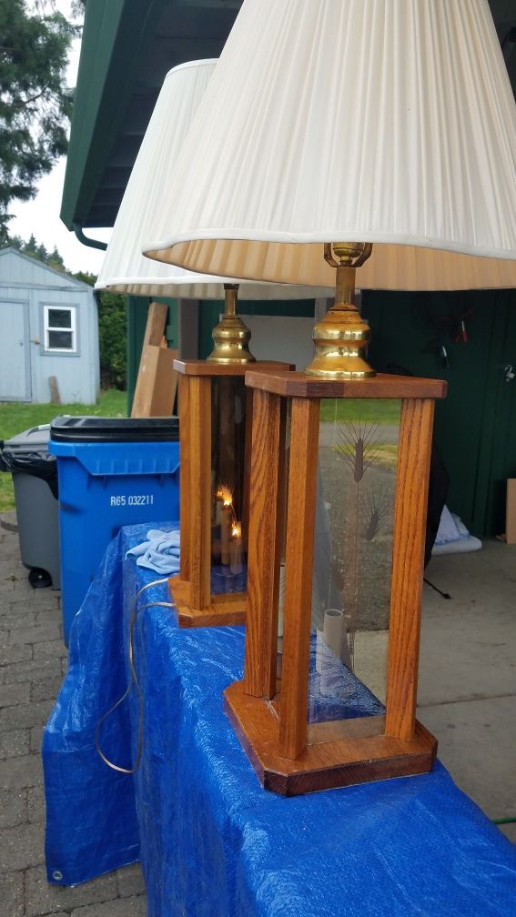 1980s oak table lamps with smoked etched glass for Sale in Vancouver