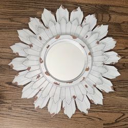 Sunburst Wall Mirror Rustic Wood Frame With A Distressed Gray Color.