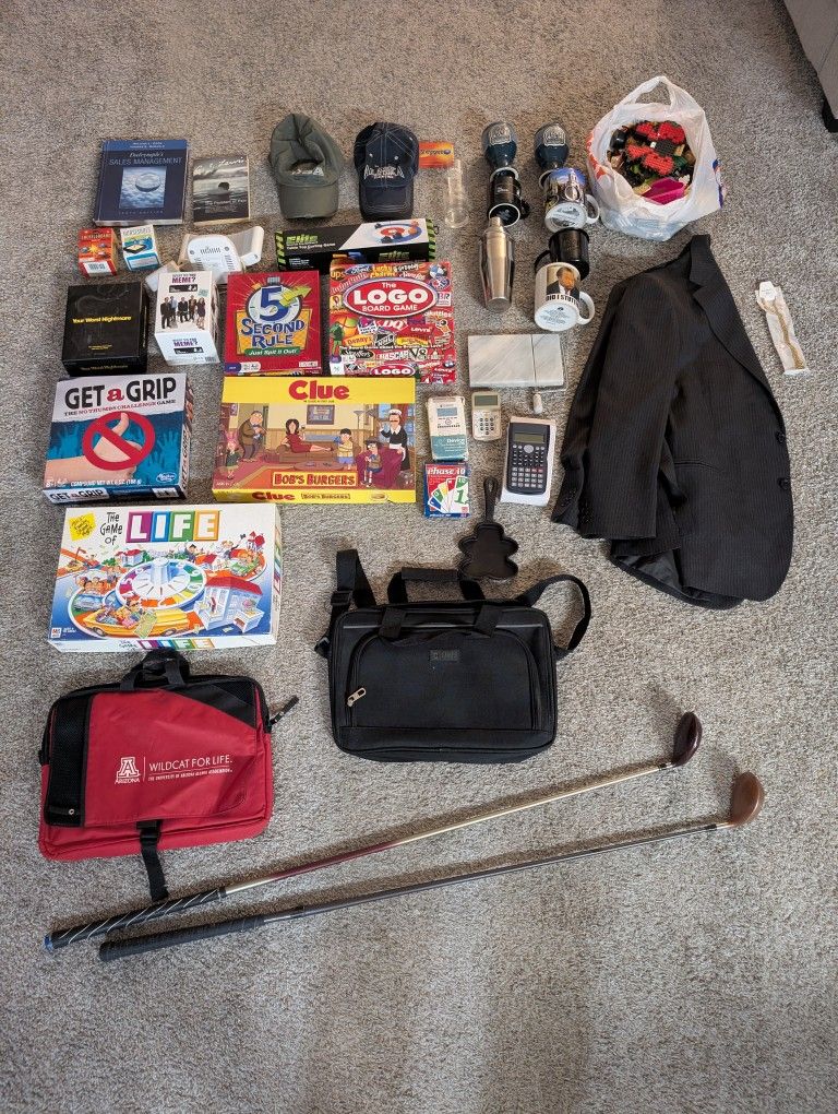 $5 Sale - Lots of stuff, games, golf clubs, bags, clothes, glasses, mugs, laptop bags