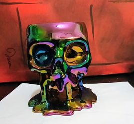 Bath & Body Works Metallic Multi Color Melting Skull Candle Holder With 3 Wick Candle NEW