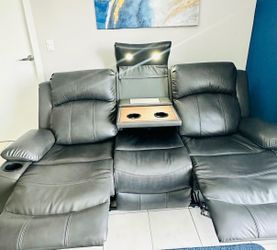 Gray Leather Reclining Sofa with Console