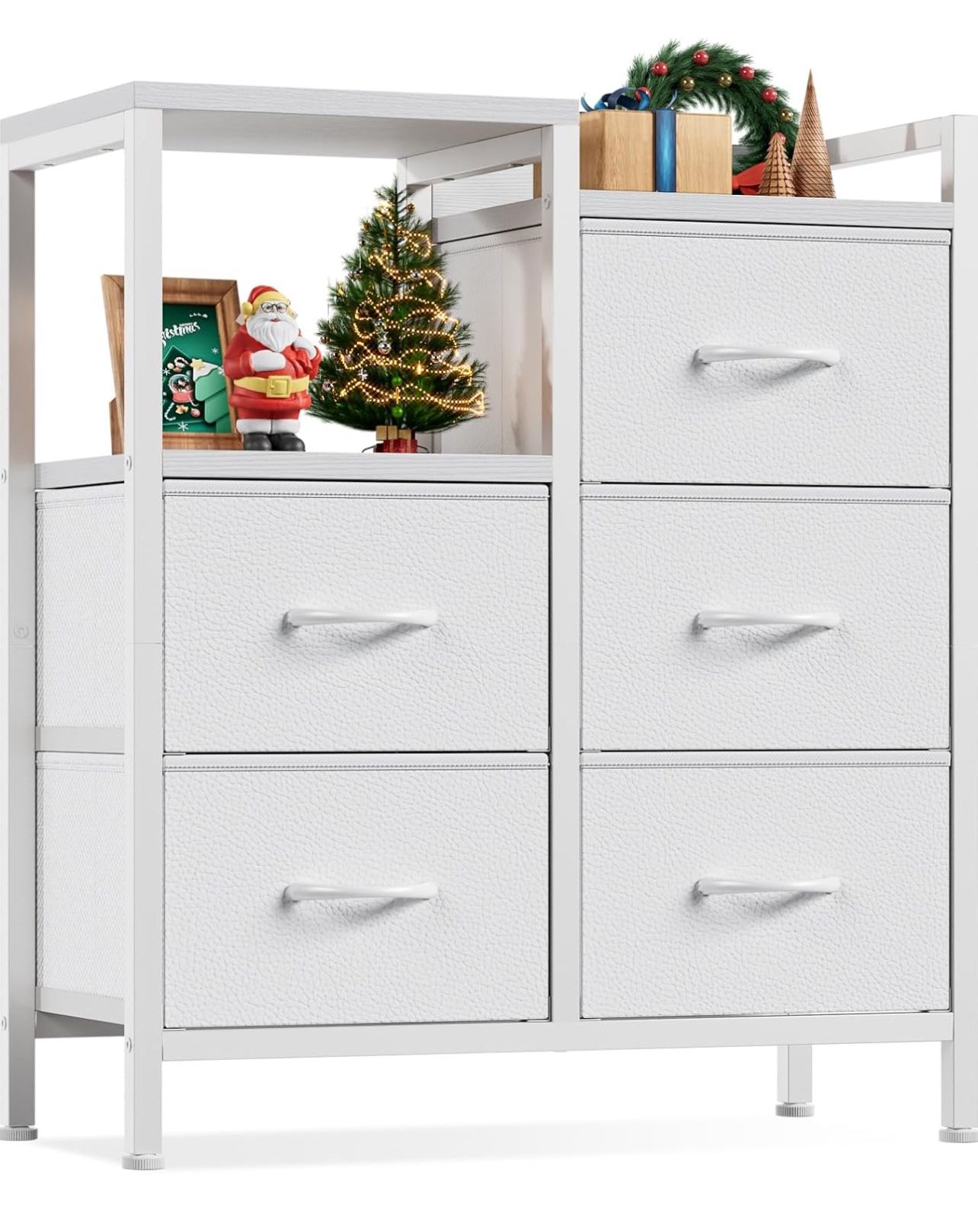 5 Drawer White Dressers for Bedroom 2 Tier Shelf Storage Small Fabric Dresser for Closet Sturdy Metal Frame Modern Style Storage Cabinets Organization