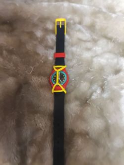 Vintage SWATCH Watch "Blue Racer" LR107. Ladies size. 1987. All original with yellow Swatchguard and new battery.