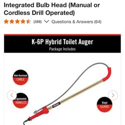 Open Box K-6P Hybrid Toilet Snake Auger, Cable Extends to 6 ft. with Integrated Bulb Head