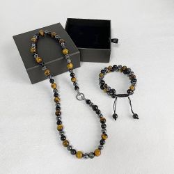 Men Tiger Eye Beaded Necklace Bracelet Triple Protection Jewelry Sets Hematite Black Obsidian Healing Crystal Stone Chakra Necklace for Women