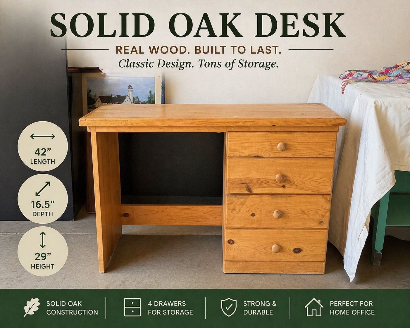 Solid Oak Desk 4 Drawer Writing Desk Vintage Wood 42”