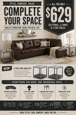 THE BIGGEST SALE EVER! BRAND NEW SECTIONAL, TWO TABLES + TWO LAMPS