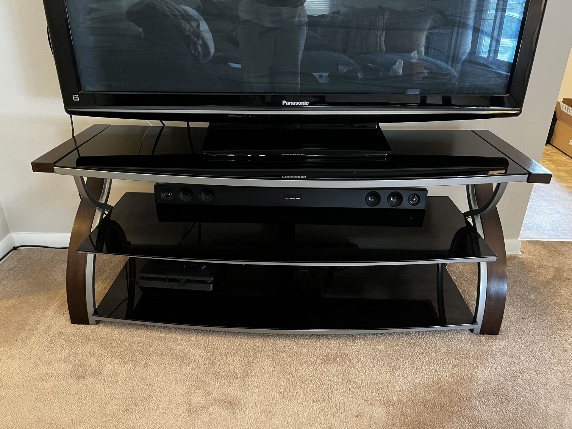 TV Media Console with Black Glass Shelves, Like New
