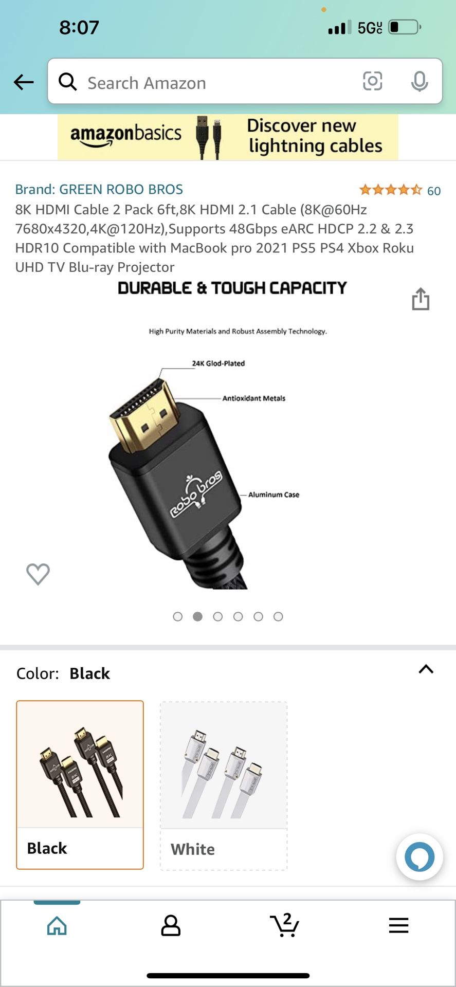 8K HDMI Cable 2 Pack 6ft,8K HDMI 2.1 Cable (8K@60Hz 7680x4320,4K@120Hz),Supports 48Gbps eARC HDCP 2.2 & 2.3 HDR10 Compatible with MacBook pro 2021 PS5