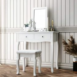 Fashion Makeup Vanity Table Set with Mirror & Stool, 2 Drawers- White