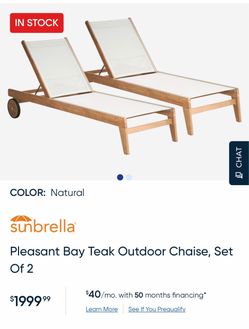 Set of 2 Pleasant Bay Solid Teak Outdoor Chaise Lounges – Sunbrella