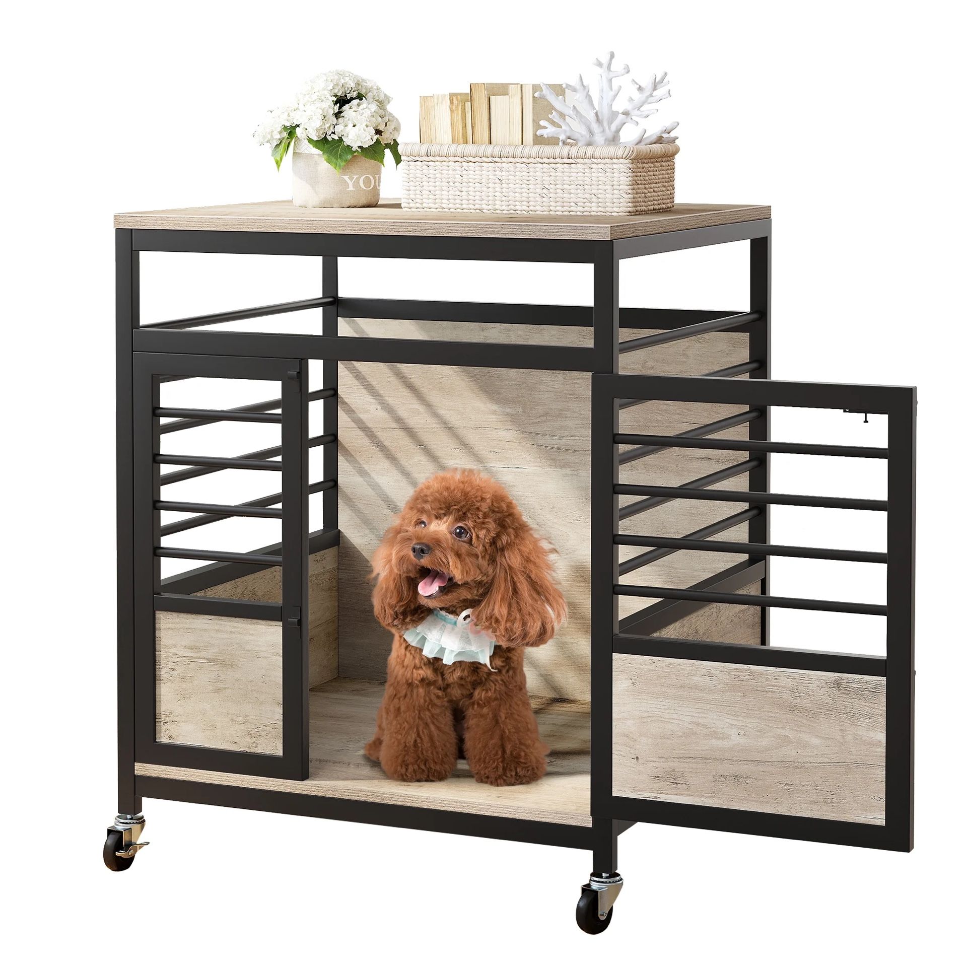 23.6" Dog Crate Furniture Wooden Dog House with Wheels, Dog Kennel 