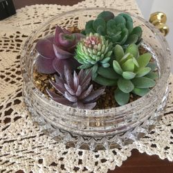 Faux Succulent Arrangement In Crystal Bowl