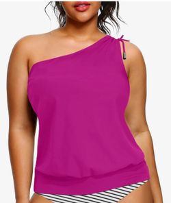Women Plus Size Tankini Tops - 2025 Blouson Tummy Control Swim Top Only One Shoulder Bathing Suit Top No Bottom