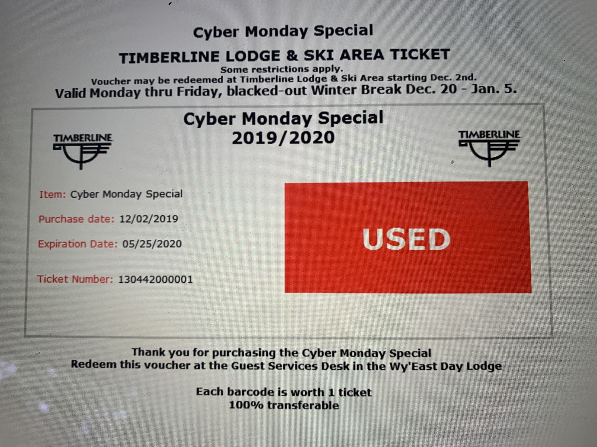 Weekday timberline tickets