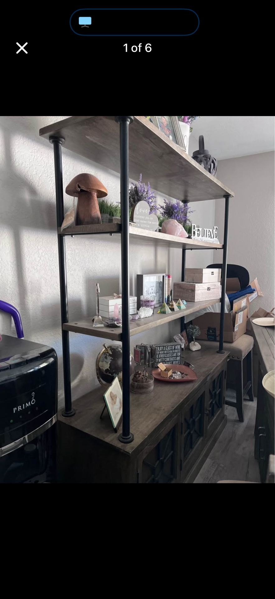 Brown Wood Black Steel Shelves w/ Cabinets