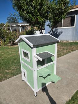 2-Story Weatherproof Wooden Cat House with Open Roof - PET04-GREENWHITE