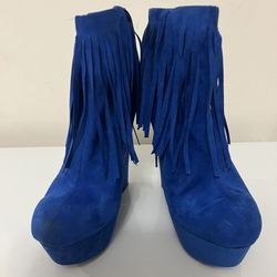 Blue Suede Fringe Leather Tassels Ankle Cowboy Boots Women FRH Fashion Design size 8