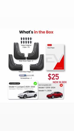 Tesla Model Y Juniper 2025–2026 Mud Flaps Accessories, Set of 4 Not for MYL, All-Weather Paint Protection, OEM-Style Fit, No-Drill Installation, Low-D