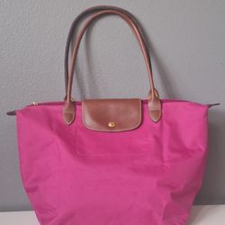 Longchamp Large Le Pliage Fuchsia Tote with Leather Handles
