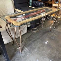 Vintage Wrought Iron/Rattan And Glass Top Console Table Good Condition 