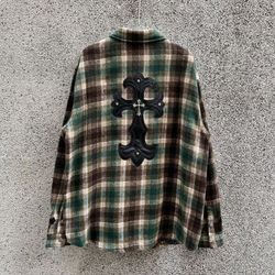 Chrome Hearts leather metal cross plaid woolen loose straight long-sleeved shirt jacket for men and women XL
