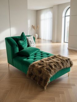 Selling each piece - custom-made green velvet couch Chase loveseat and Oval acrylic and brass table