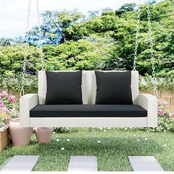 2-Person Wicker Hanging Porch Swing,Patio Rattan Swing Bench with Chains,Cushion and Pillow,F-4