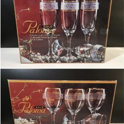 Vtg. (8) Paloma Gold 24-Karat Gold Crystal Stemware, 4 Water Goblets & 4 Flutes