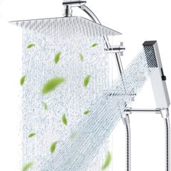 Hibbent All Metal CUPC Certified 10'' Rain Shower Head, Dual Shower Head Combo, High Pressure Handheld 4 Sprays Shower Wand, 16'' Adjustable Extension