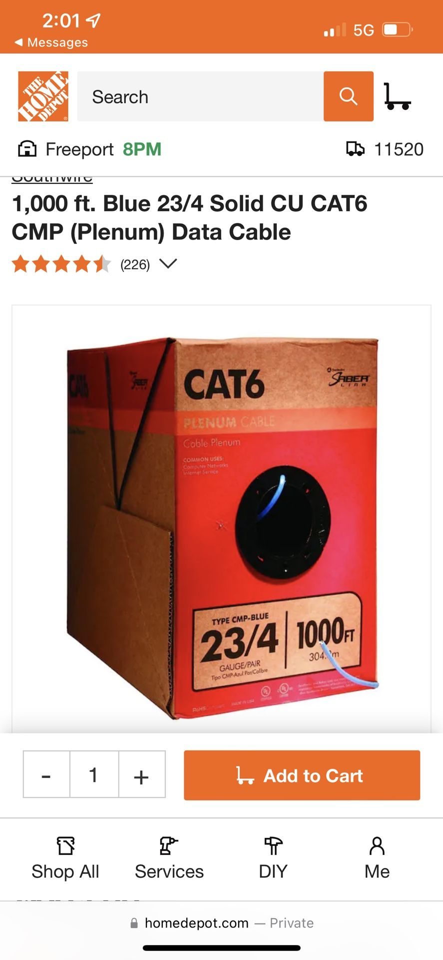 1,000 ft. Blue 23/4 Solid CU CAT6 CMP (Plenum) Data Cable