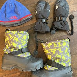 Toddler Kids Snow Boots Sz 1 + Beanie and Snow Mittens 