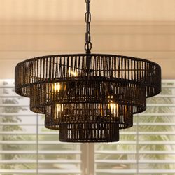 6-Light Black Rattan Chandelier – 3-Tier Boho Pendant Light