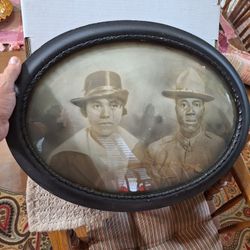 UNIQUE ANTIQUE PORTRAIT OF COUPLE FEATURING WWI UNIFORMED MAN