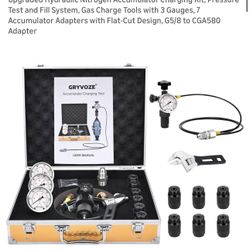 Upgraded Hydraulic Nitrogen Accumulator Charging Kit, Pressure Test and Fill System, Gas Charge Tools with 3 Gauges, 7 Accumulator Adapters with Flat-