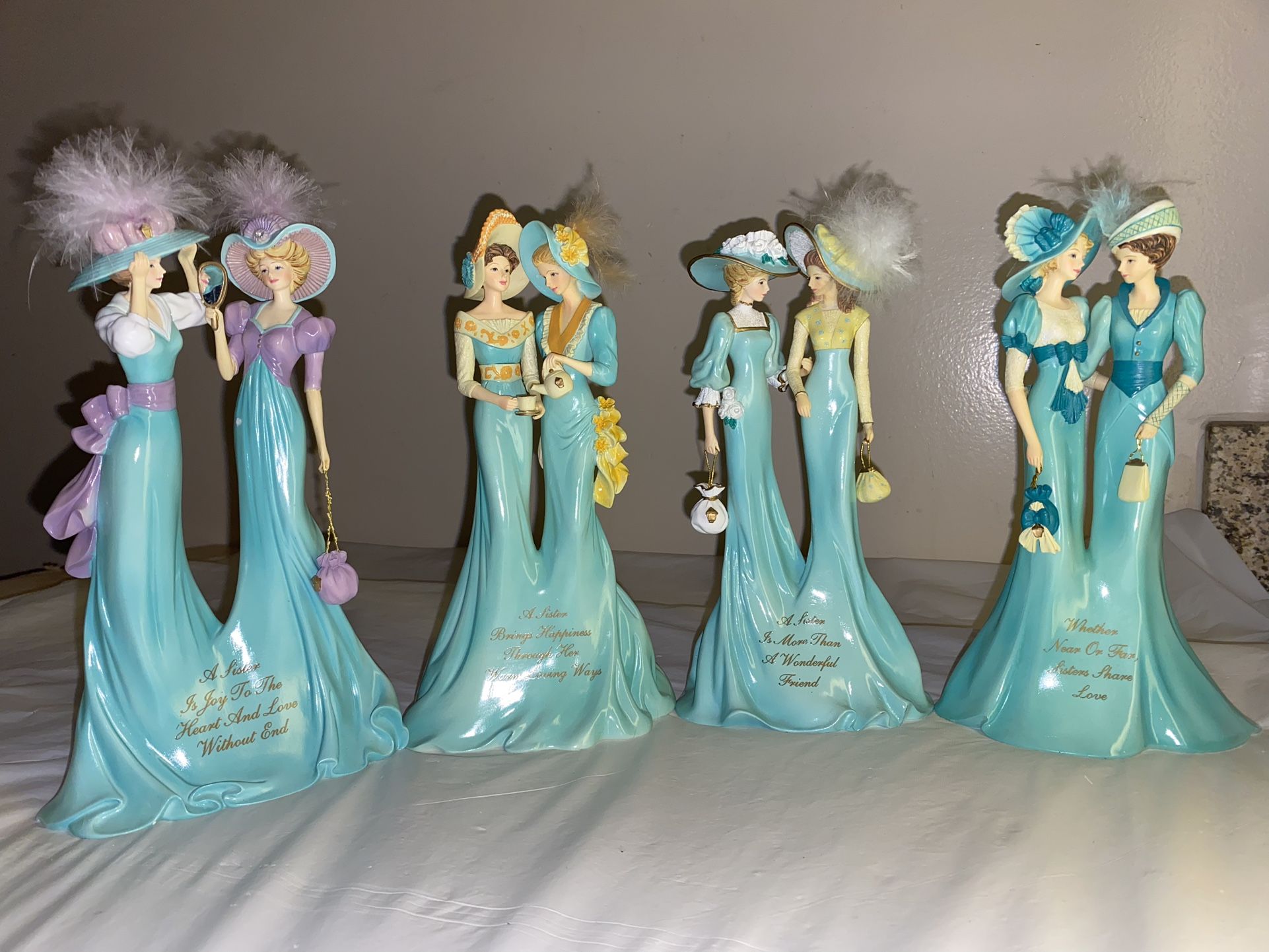 4 Thomas Kinkade Beloved Sisters Collection Figurines All Aqua Blue