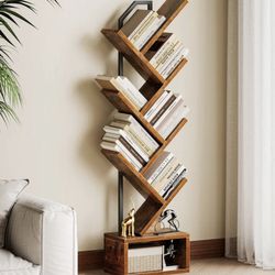 6-Tier Tree Bookshelf for Corner & Small Space — Narrow Steel & Wood Bookcase