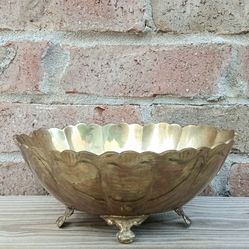 Vintage Brass Oval Scalloped Footed Bowl 