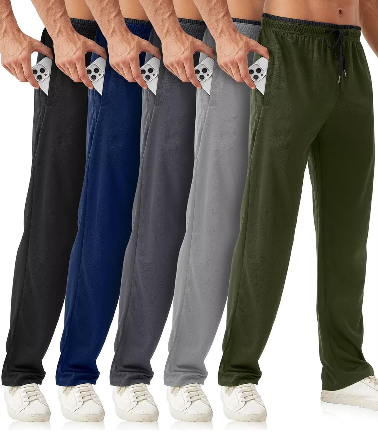 5 Pack Mens Sweatpants with Zipper Pockets,Mens Joggers for Men Open Bottom Mesh Athletic Pants for Workout,Running(large)