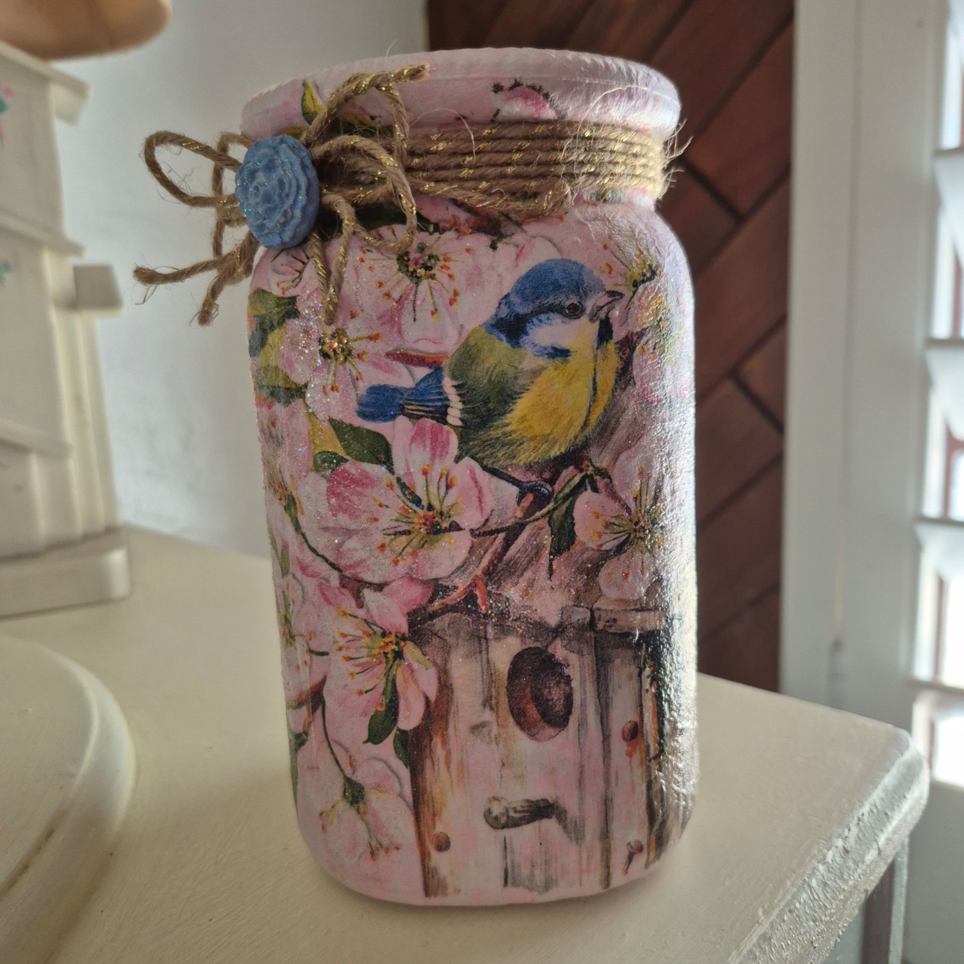 Hand designed decoupaged cherry blossoms bird and birdhouse