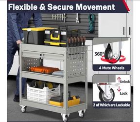 3-Tier Tool Cart on Wheels, Heavy-Duty Metal Tool Cart with Lockable Drawer, 400 LBS Capacity Mechan