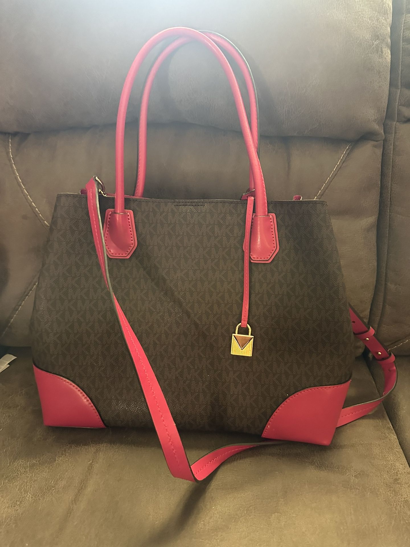 Michael Kors Dark Brown And Hot Pink Large Purse