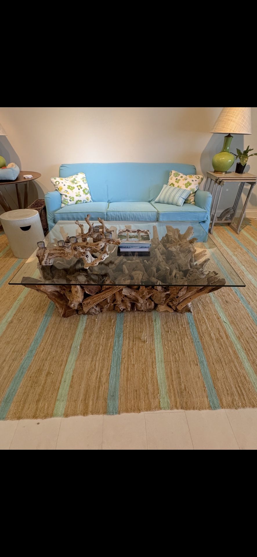 Handcrafted Driftwood glass coffee table