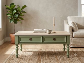 Sage Green Wooden Coffee Table with Drawers – Traditional / Farmhouse Style Living Room Table