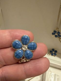 Blue Flower Brooch Pin with Crystal Center