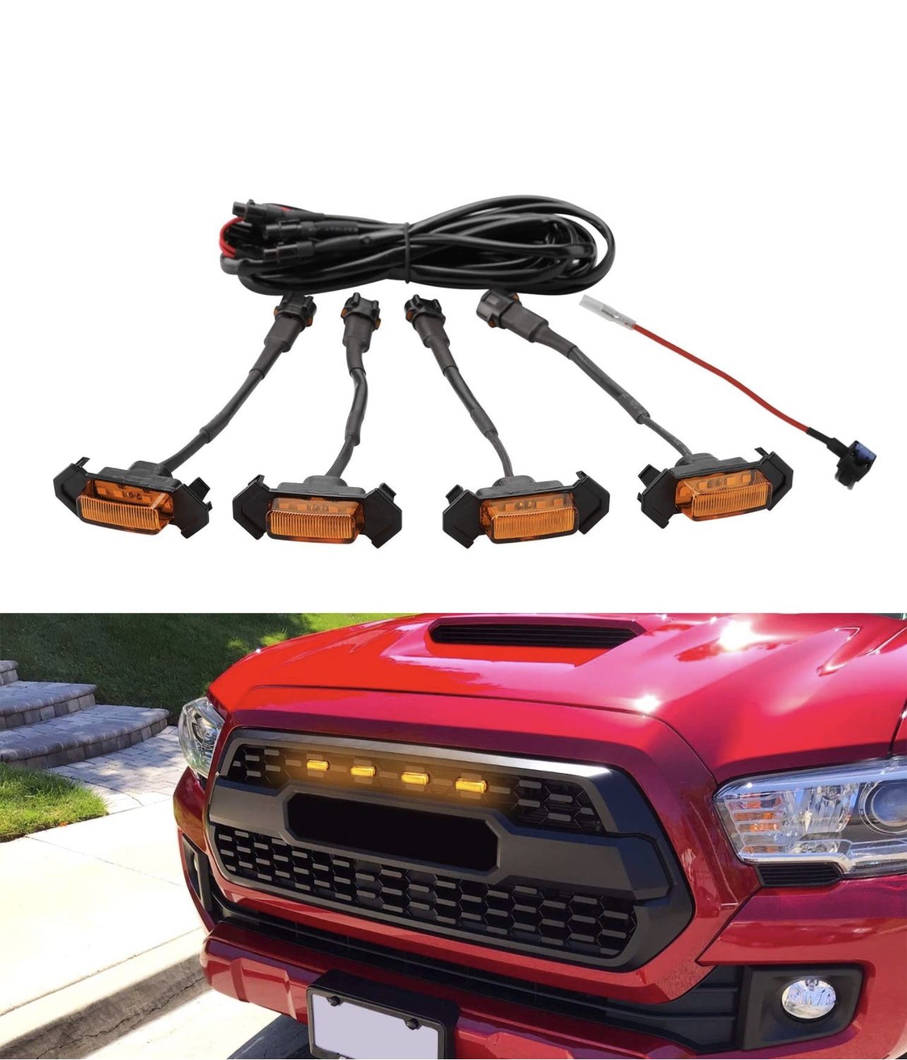 Seven Sparta Grill Led Lights 4 PCS with Fuse for 2016-2022 Aftermarket Toyota Tacoma TRD PRO Grille (Amber Shell with Amber Light)